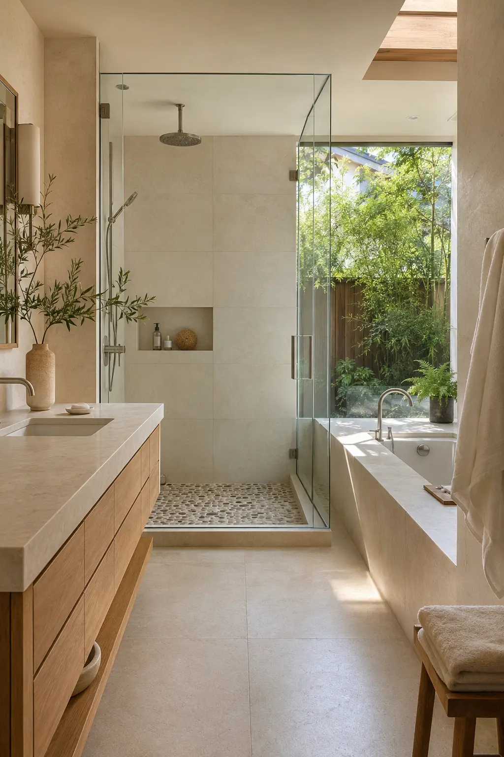 Japanese-inspired bathroom with a deep soaking tub and natural finishes